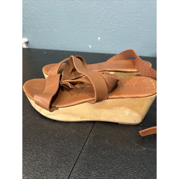 Nisolo Wedge Sandals Womens 9 Tan Leather Sarita Platform Wood Grain Boho Beachy - Picture 3 of 7